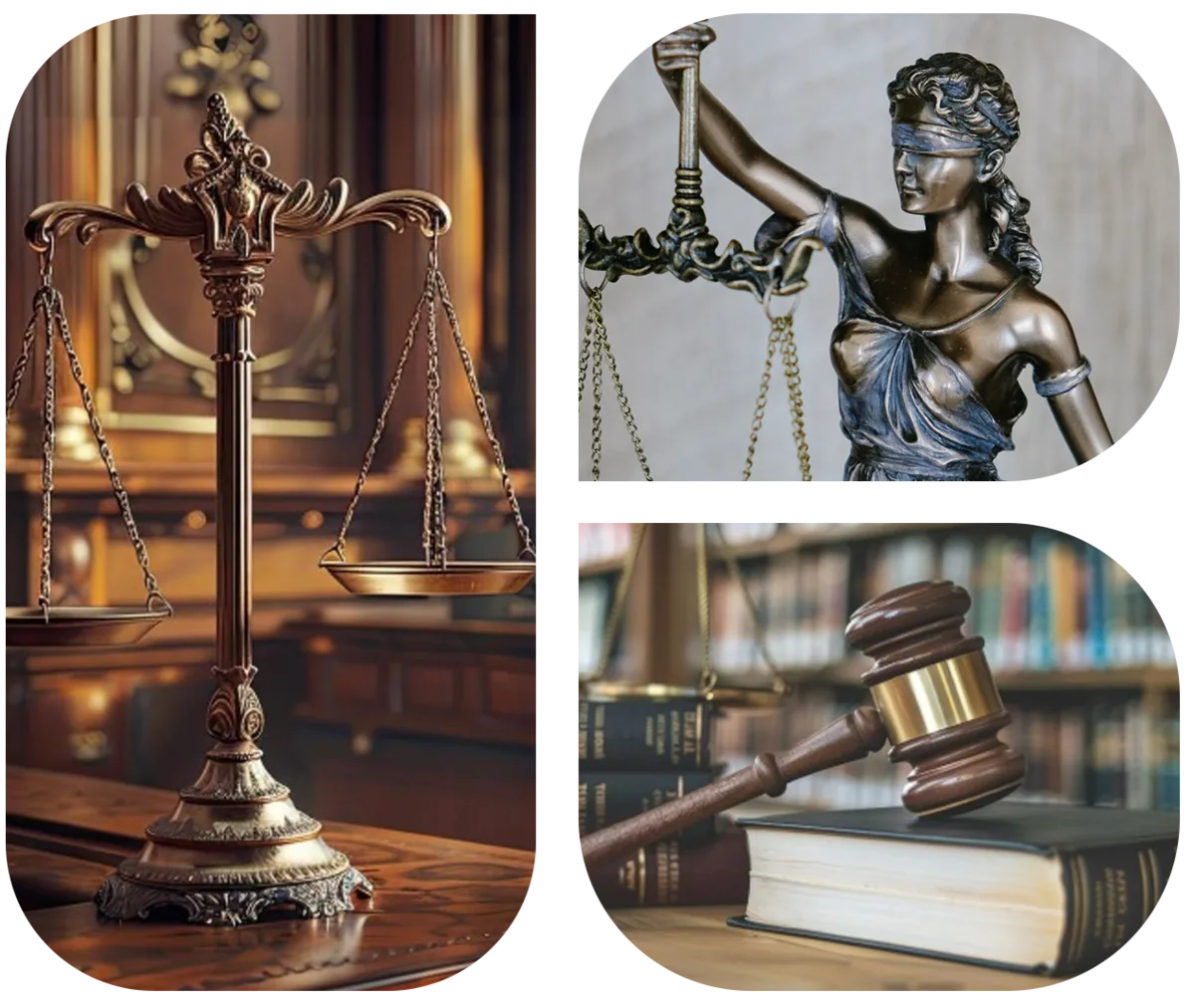 Símbolos da justiça: balança, deusa Têmis e martelo